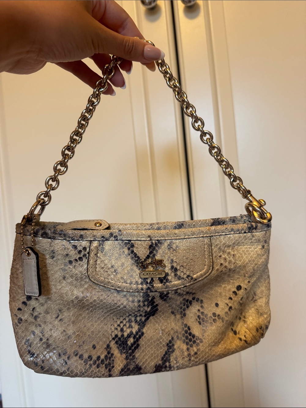 Coach Snake-Print Shoulder Bag in Beige and Black with Gold Chain
